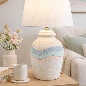Vintage 90s Elite Plaster Table Lamp Pastel Wave Blue Green Peach Retro